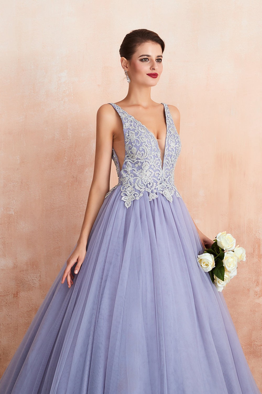 Excellente robe de bal longue princesse à col en V, sans manches, en tulle, dos nu