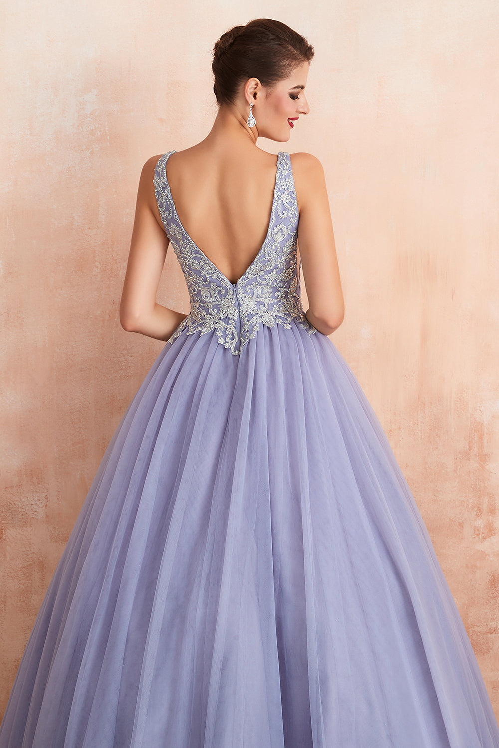 Excellente robe de bal longue princesse à col en V, sans manches, en tulle, dos nu