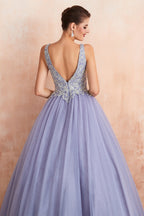 Excellente robe de bal longue princesse à col en V, sans manches, en tulle, dos nu