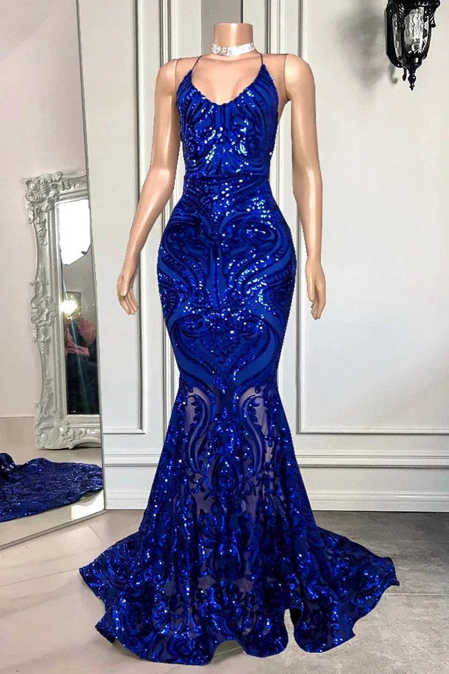 Vestidos de fiesta sirena sin mangas de encaje con lentejuelas azules exquisitos y largo hasta el suelo