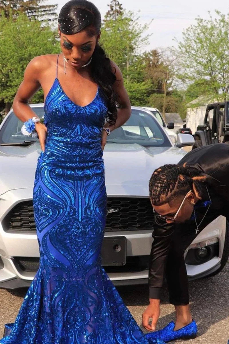 Vestidos de fiesta sirena sin mangas de encaje con lentejuelas azules exquisitos y largo hasta el suelo