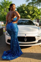Vestidos de fiesta sirena sin mangas de encaje con lentejuelas azules exquisitos y largo hasta el suelo