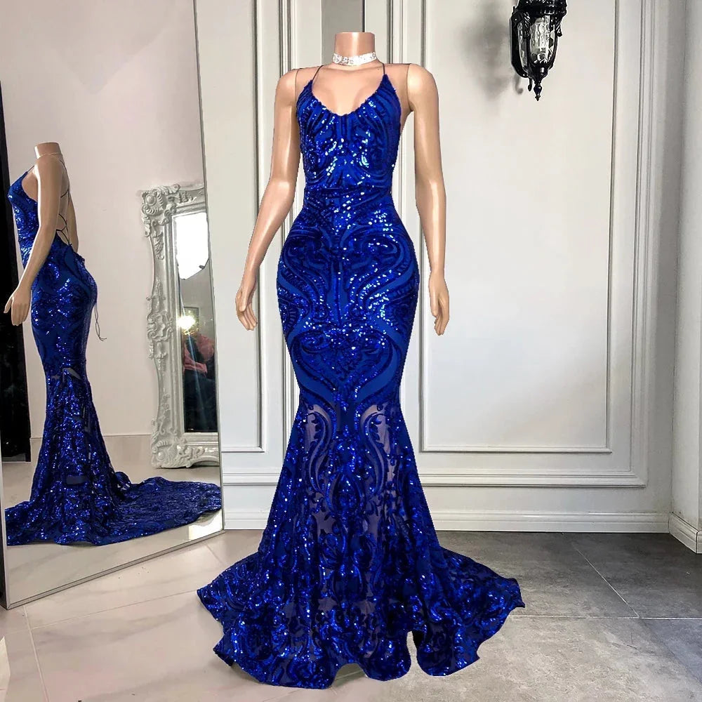 Vestidos de fiesta sirena sin mangas de encaje con lentejuelas azules exquisitos y largo hasta el suelo