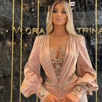 Exquisito vestido de fiesta de satén estilo sirena, de manga larga y largo hasta el suelo con apliques