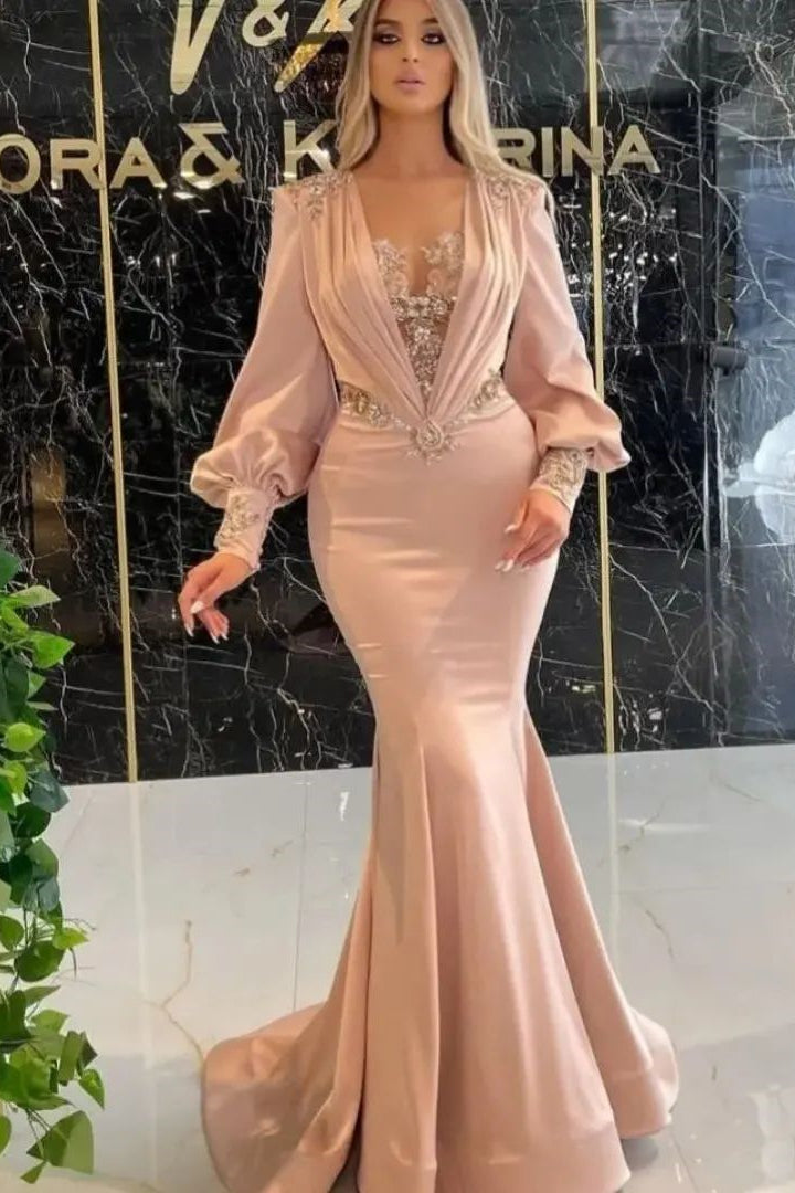 Exquisito vestido de fiesta de satén estilo sirena, de manga larga y largo hasta el suelo con apliques