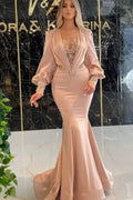 Exquisito vestido de fiesta de satén estilo sirena, de manga larga y largo hasta el suelo con apliques