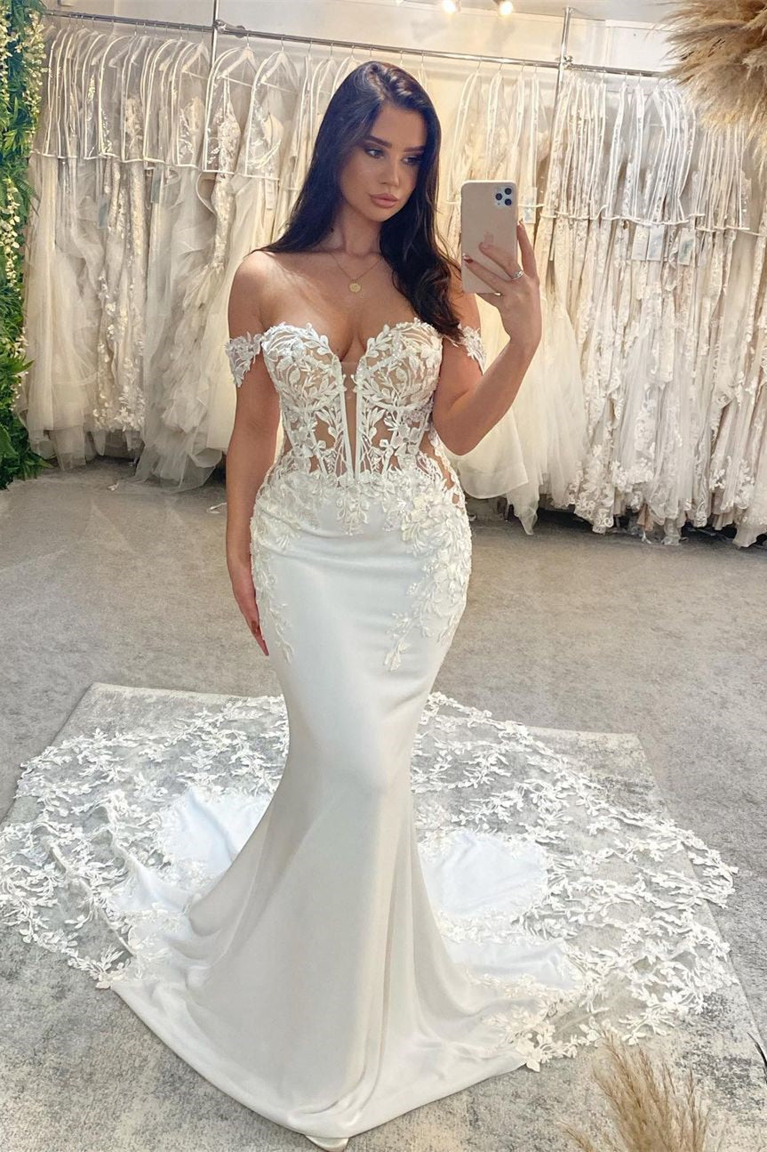 Exquisito vestido de novia de encaje estilo sirena, sin mangas, con escote corazón y hombros descubiertos