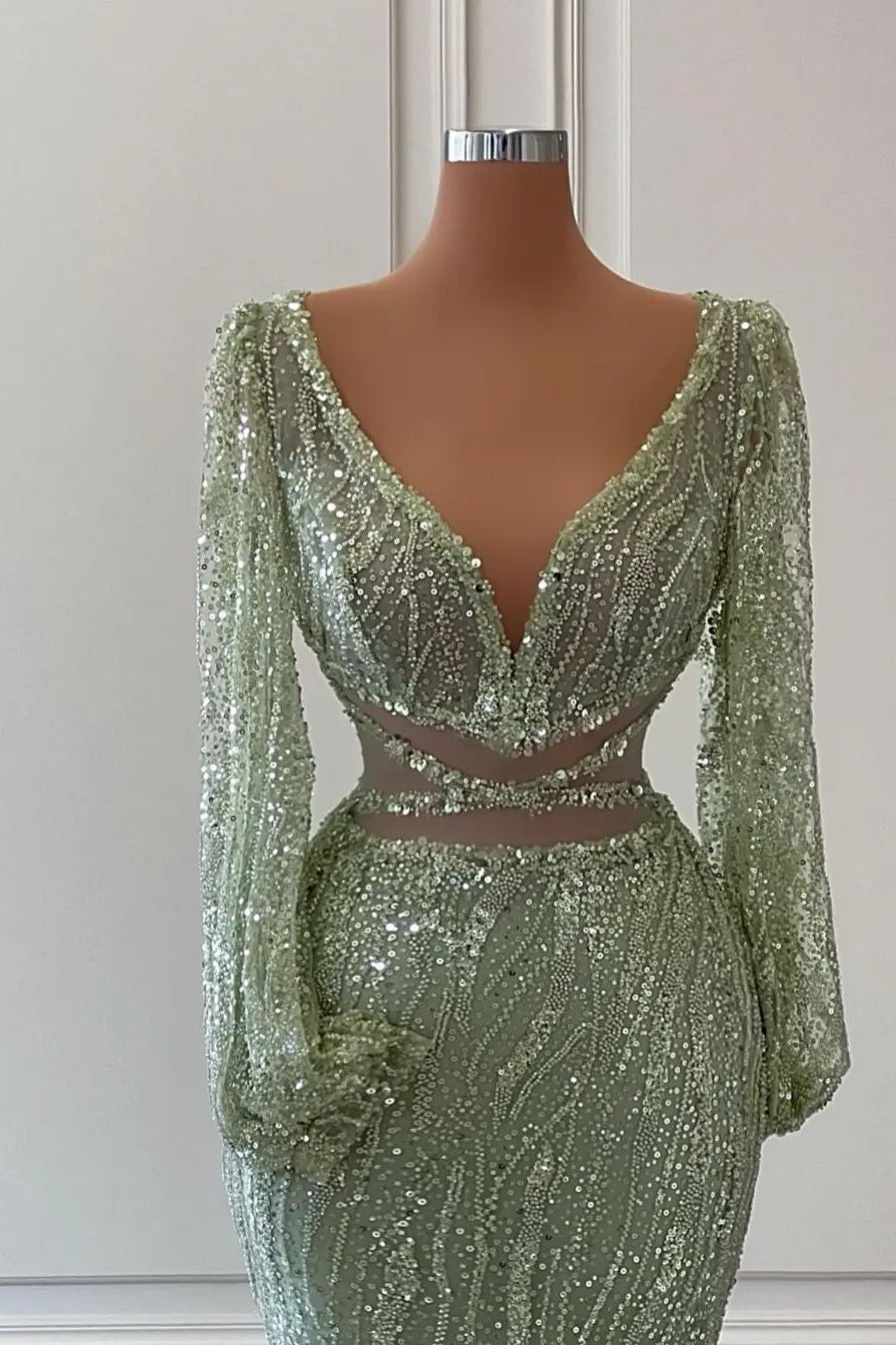 Vestido de Baile Sereia Exquisito, Comprimento ao Chão, Decote em V, Mangas Compridas com Lantejoulas