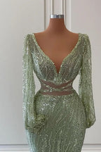 Vestido de Baile Sereia Exquisito, Comprimento ao Chão, Decote em V, Mangas Compridas com Lantejoulas