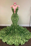 Exquisite Green V-neck Sequins Sleeveless Floor-length Mermaid Prom Dresses