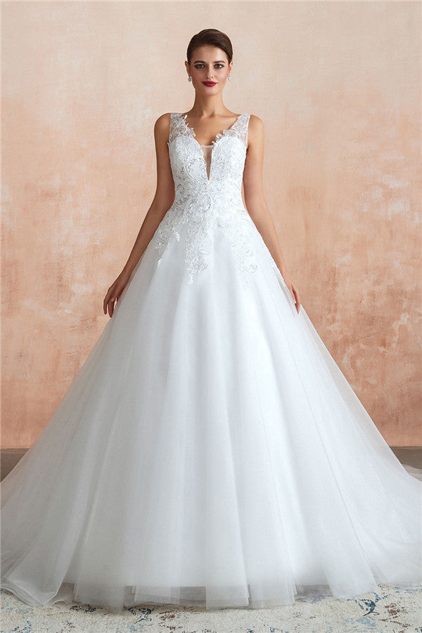 Exquisito vestido de novia largo de tul con apliques de encaje en forma de A