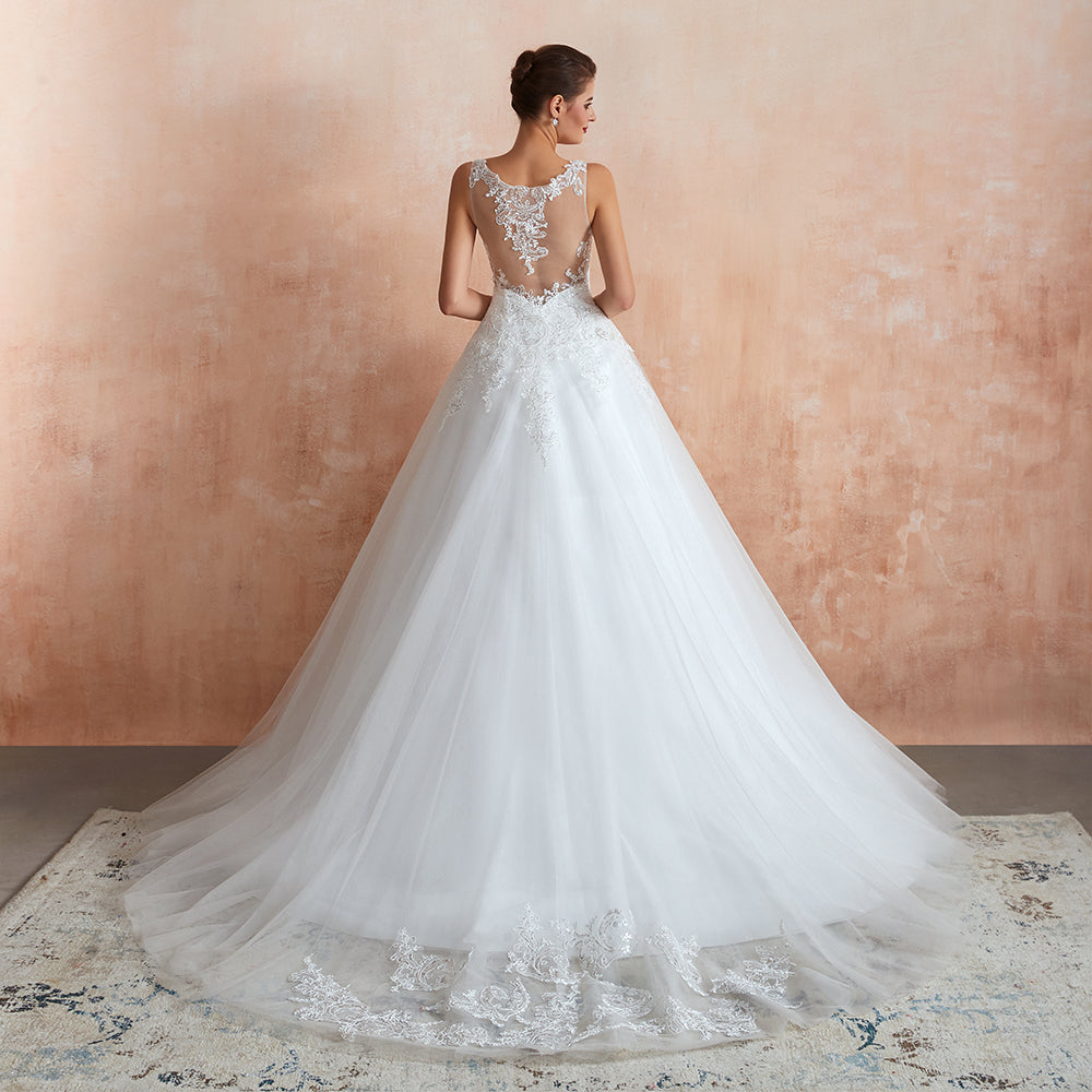 Exquisito vestido de novia largo de tul con apliques de encaje en forma de A