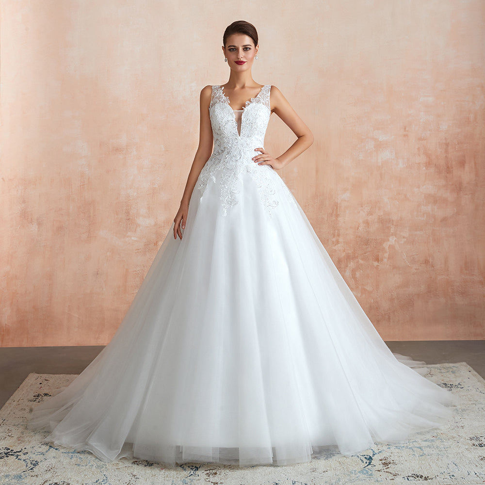 Exquisito vestido de novia largo de tul con apliques de encaje en forma de A