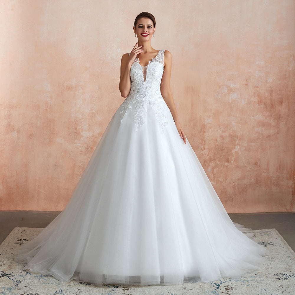 Exquisito vestido de novia largo de tul con apliques de encaje en forma de A