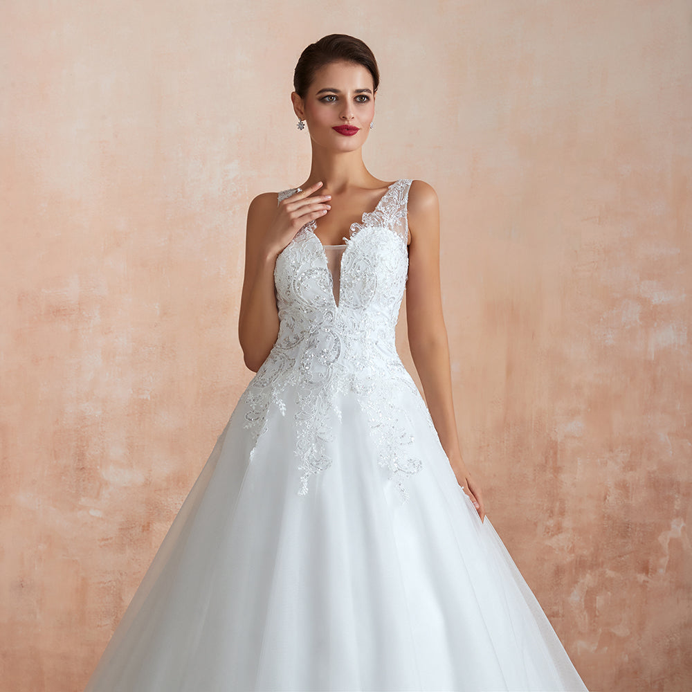 Exquisito vestido de novia largo de tul con apliques de encaje en forma de A