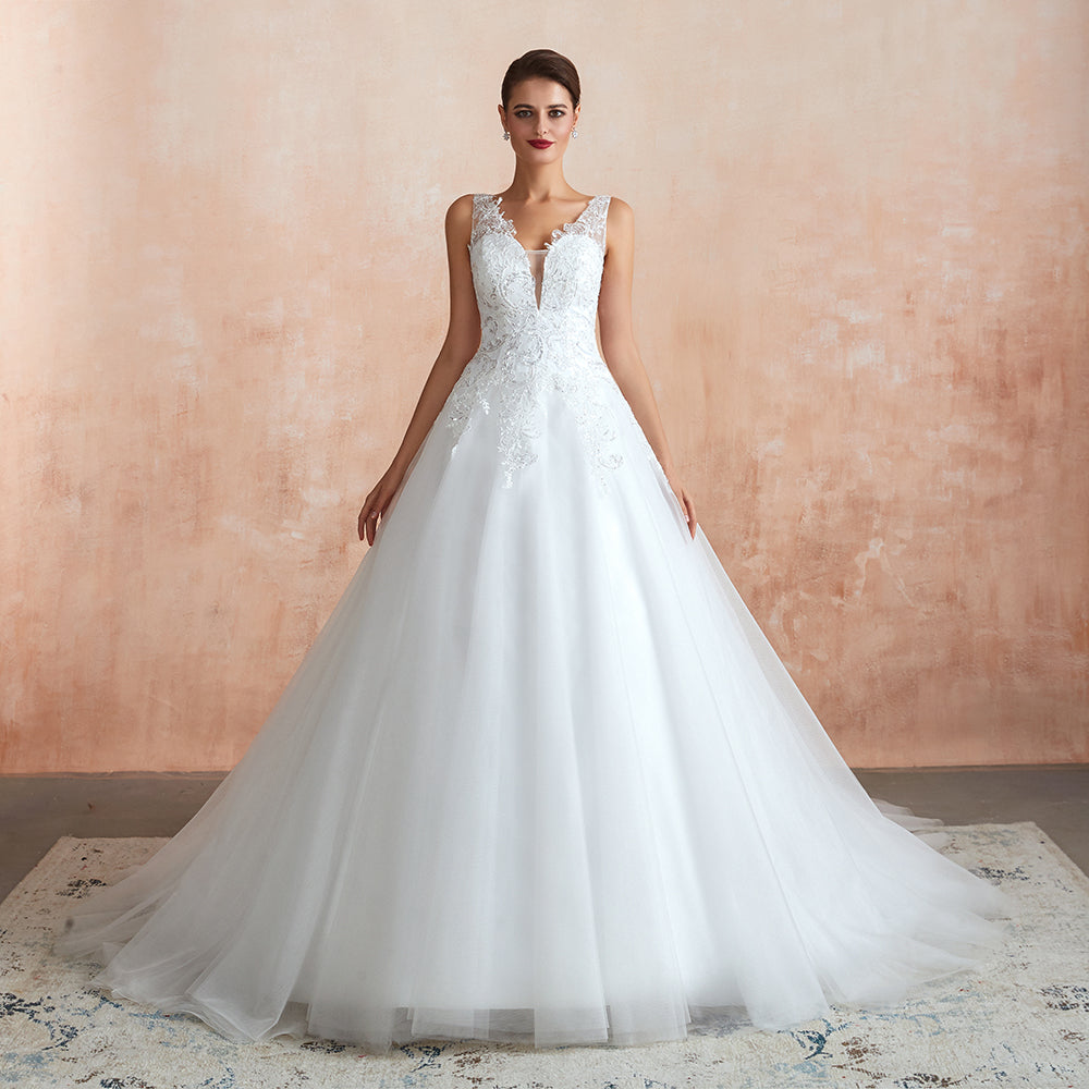 Exquisito vestido de novia largo de tul con apliques de encaje en forma de A
