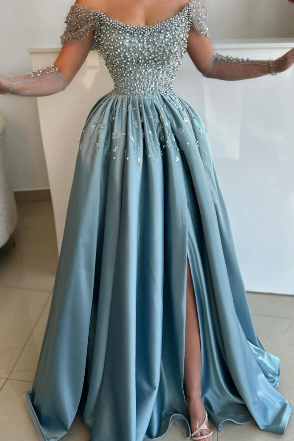 Robe de bal longue bleue exquise en ligne A, épaules dénudées, ornée de perles et de strass, avec fente