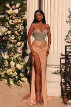 Abito da sera squisito lungo color champagne con colonna, spalline sottili, pizzo e strass, con spacco