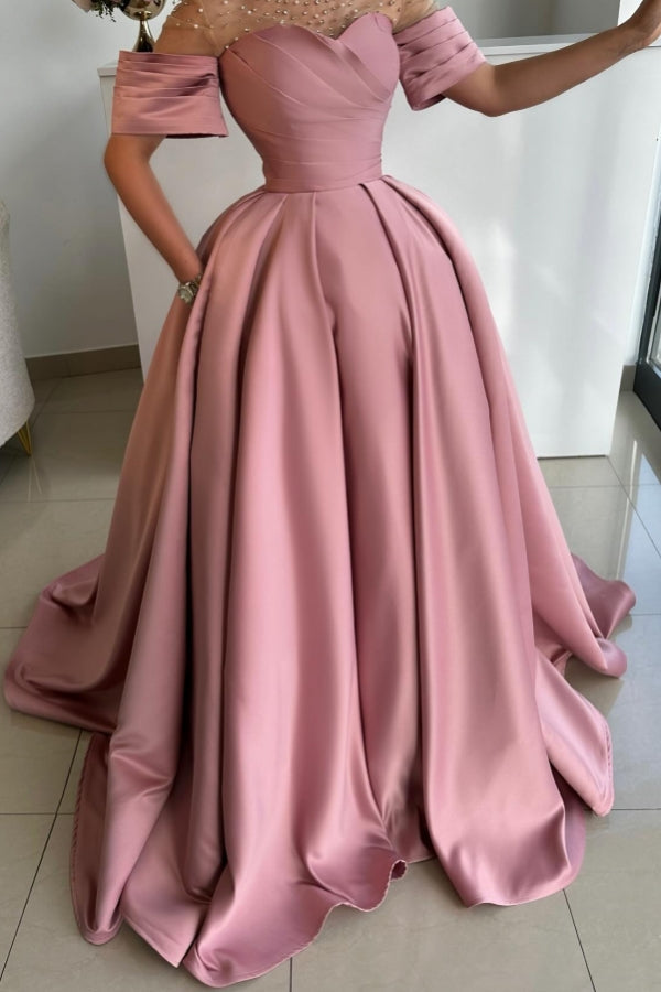 Exquisito vestido de fiesta largo de satén rosa empolvado con corte A y pedrería, mangas cortas