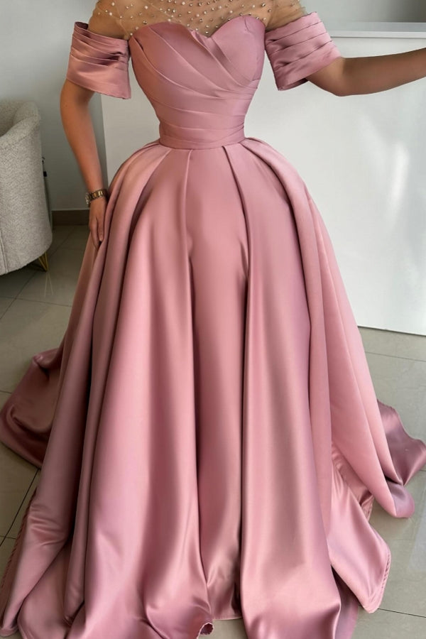 Exquisito vestido de fiesta largo de satén rosa empolvado con corte A y pedrería, mangas cortas