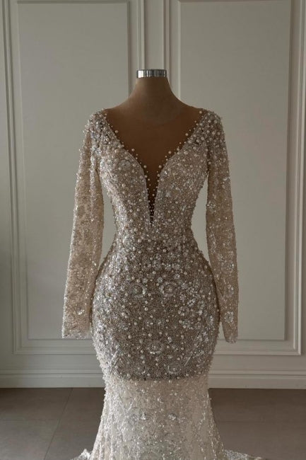 Vestido de Noiva Exquisito Comprido em Estilo Sereia com Decote em V, Mangas Compridas de Renda e Pérolas