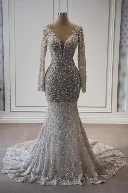 Vestido de Noiva Exquisito Comprido em Estilo Sereia com Decote em V, Mangas Compridas de Renda e Pérolas