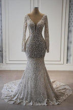 Vestido de Noiva Exquisito Comprido em Estilo Sereia com Decote em V, Mangas Compridas de Renda e Pérolas