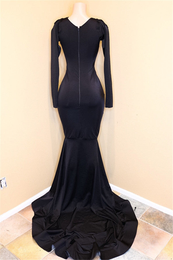 Robe de bal noire longue à col en V, sirène, ornée de sequins, avec manches
