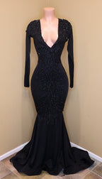 Robe de bal noire longue à col en V, sirène, ornée de sequins, avec manches