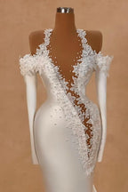 Robe de mariée longue blanche exquise à bretelles sirène, manches longues en satin avec perles