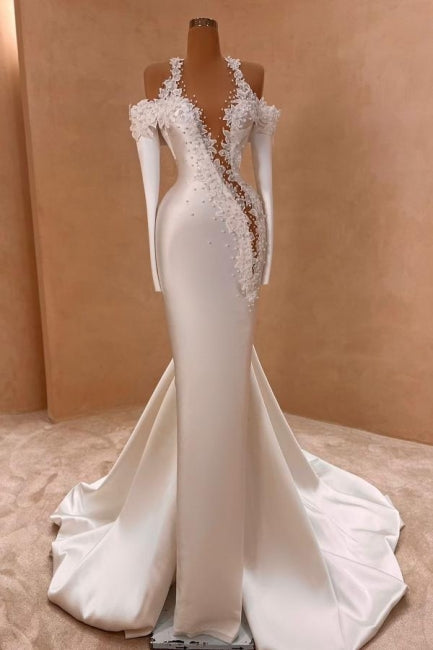 Robe de mariée longue blanche exquise à bretelles sirène, manches longues en satin avec perles
