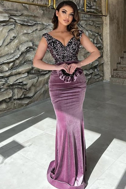 Vestidos de Baile Longos ao Chão, Sem Mangas, com Decote em V e Lantejoulas Roxas Exquisitas