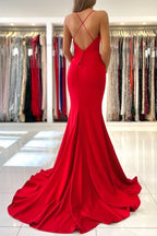 Robes de bal en satin rouge exquis à bretelles spaghetti, sans manches, coupe sirène