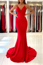 Robes de bal en satin rouge exquis à bretelles spaghetti, sans manches, coupe sirène