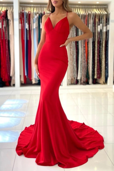 Robes de bal en satin rouge exquis à bretelles spaghetti, sans manches, coupe sirène