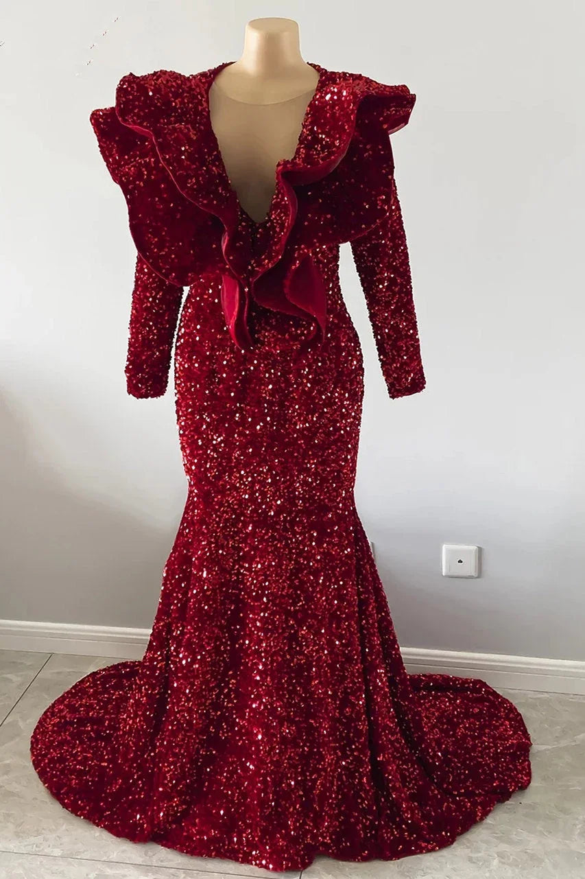 Exquisite Red V-neck Sequins Sleeveless Floor-length Mermaid Prom Dresses