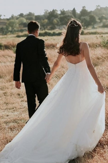Vestidos de Noiva em Renda, Sem Mangas, com Alças Finas, Corte em A e Comprimento até ao Chão, Exquisitos