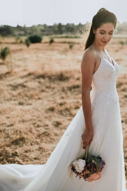 Vestidos de Noiva em Renda, Sem Mangas, com Alças Finas, Corte em A e Comprimento até ao Chão, Exquisitos