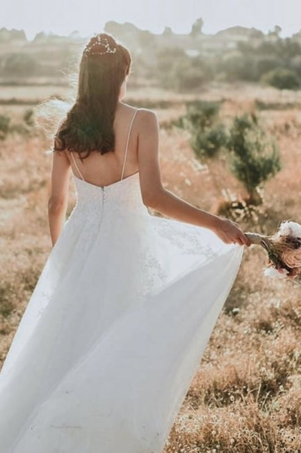 Vestidos de Noiva em Renda, Sem Mangas, com Alças Finas, Corte em A e Comprimento até ao Chão, Exquisitos