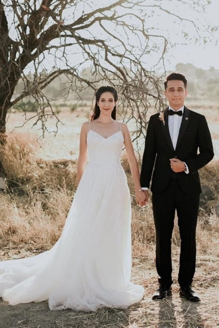 Vestidos de Noiva em Renda, Sem Mangas, com Alças Finas, Corte em A e Comprimento até ao Chão, Exquisitos