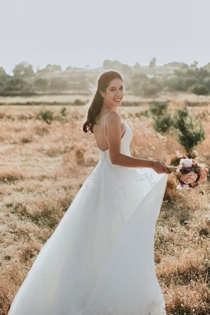 Vestidos de Noiva em Renda, Sem Mangas, com Alças Finas, Corte em A e Comprimento até ao Chão, Exquisitos