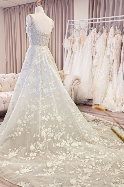 Vestidos de Noiva em Renda com Alças Finas, Sem Mangas, Corte em A e Padrão Exquisito