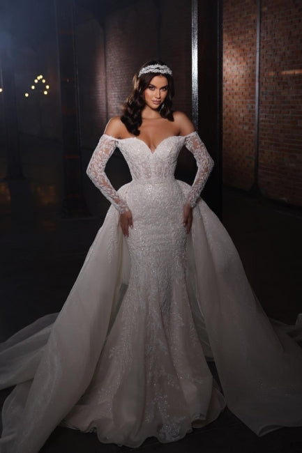 Vestidos de noiva extravagantes em linha A, com renda, estilo sereia, ombros descobertos e mangas