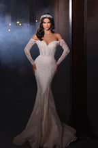 Vestidos de noiva extravagantes em linha A, com renda, estilo sereia, ombros descobertos e mangas