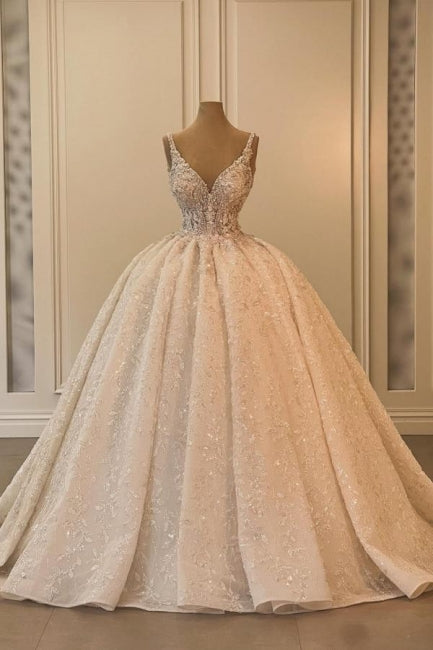 Robe de mariée extravagante longue en ligne A, sans manches, col en V, style princesse scintillante avec dentelle