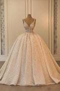 Robe de mariée extravagante longue en ligne A, sans manches, col en V, style princesse scintillante avec dentelle