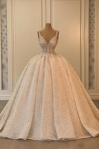 Robe de mariée extravagante longue en ligne A, sans manches, col en V, style princesse scintillante avec dentelle