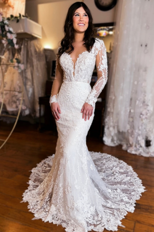 Vestido de Noiva Extravagante Comprido Cauda de Sereia com Decote em V, Costas Descobertas e Renda, com Mangas Compridas