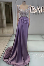 Extravagante vestido de fiesta largo morado con encaje, lentejuelas y cuentas, con mangas largas