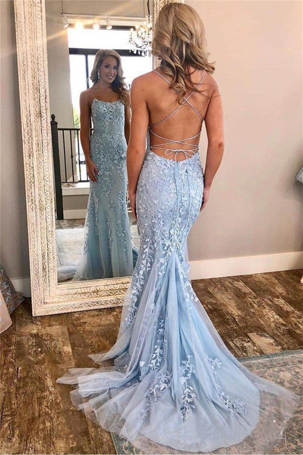Robe de bal longue sirène à fines bretelles spaghetti, dos ouvert, en dentelle, qui attire le regard